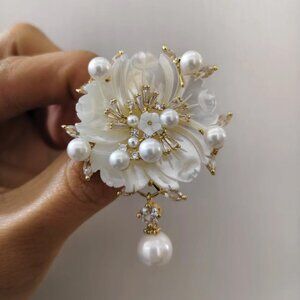 New! Carved Shell Camellia/Flower Brooch Pin - Pearl & Zircon Dangle